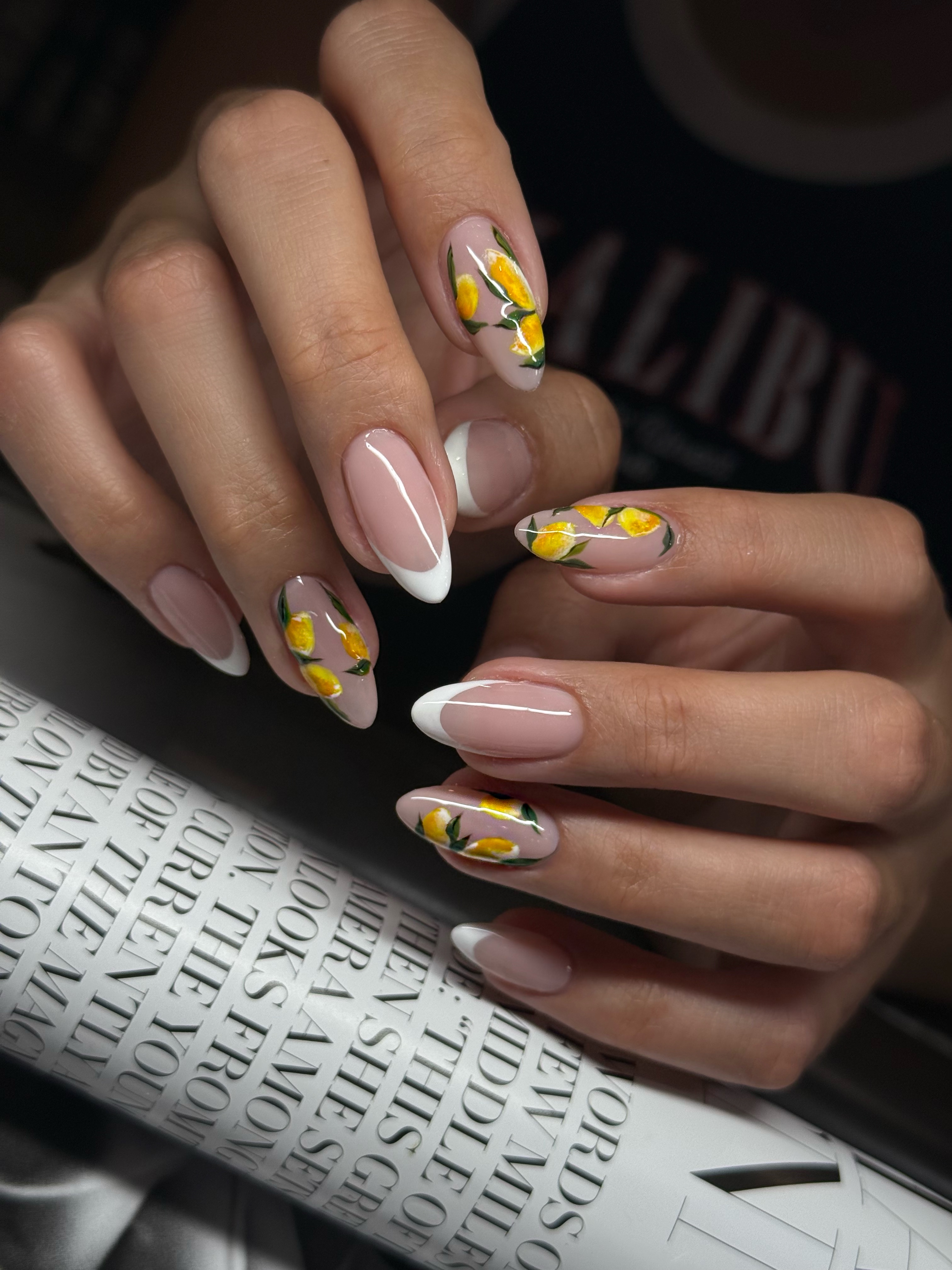 French tip nails with hand-painted art design by professional nail technician in Sunnyvale